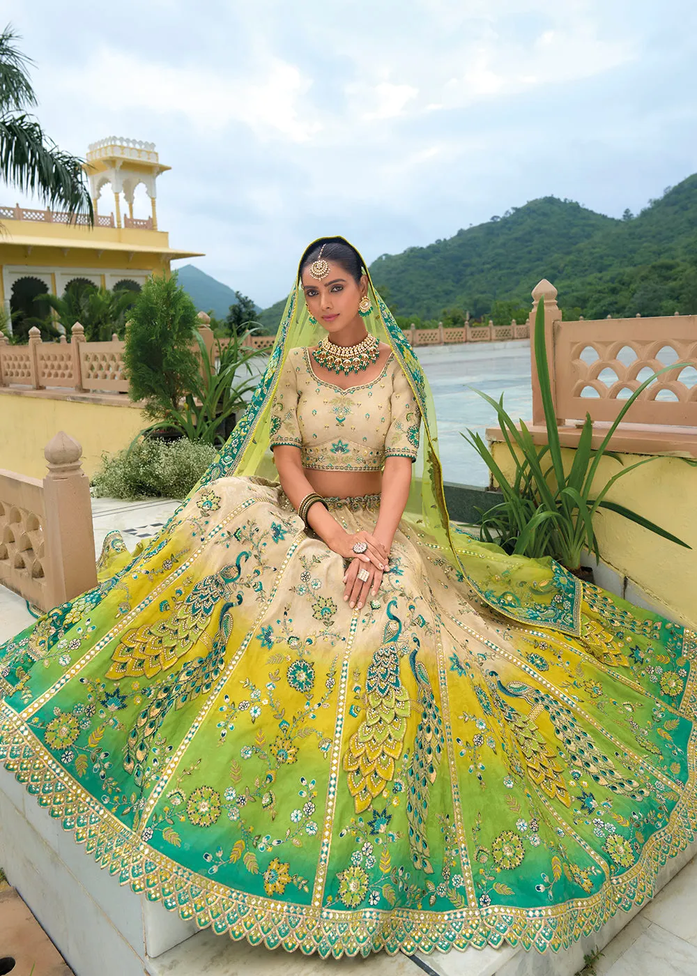 Bridal Beige Green Heavy Embroidered Designer Lehenga Choli