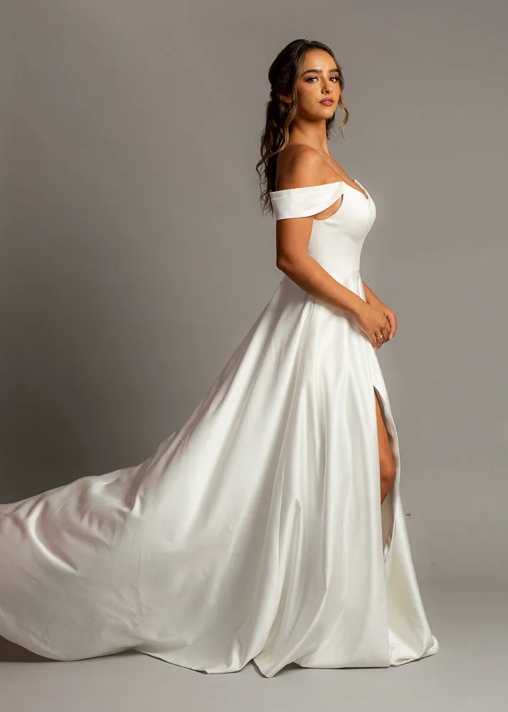 Crescent moon neckline off the shoulder wedding dress with slit and low back